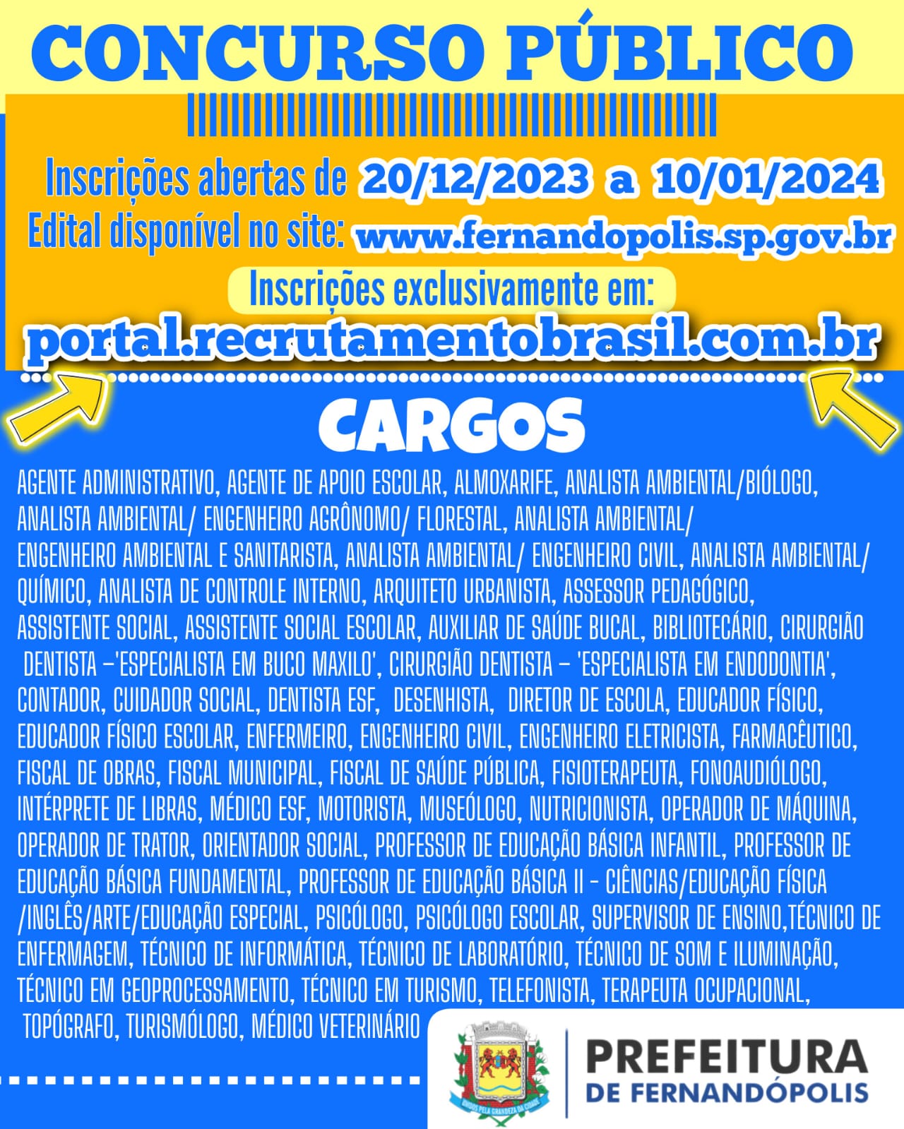 Prefeitura de Fernandópolis abre inscrições para concurso público