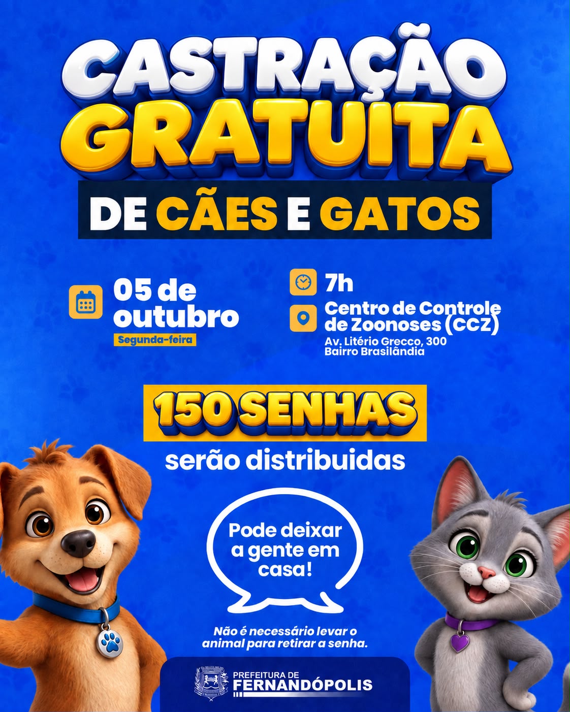CENTRO DE ZOONOSES distribuirá senhas para castração de cães e gatos na 2ª-feira