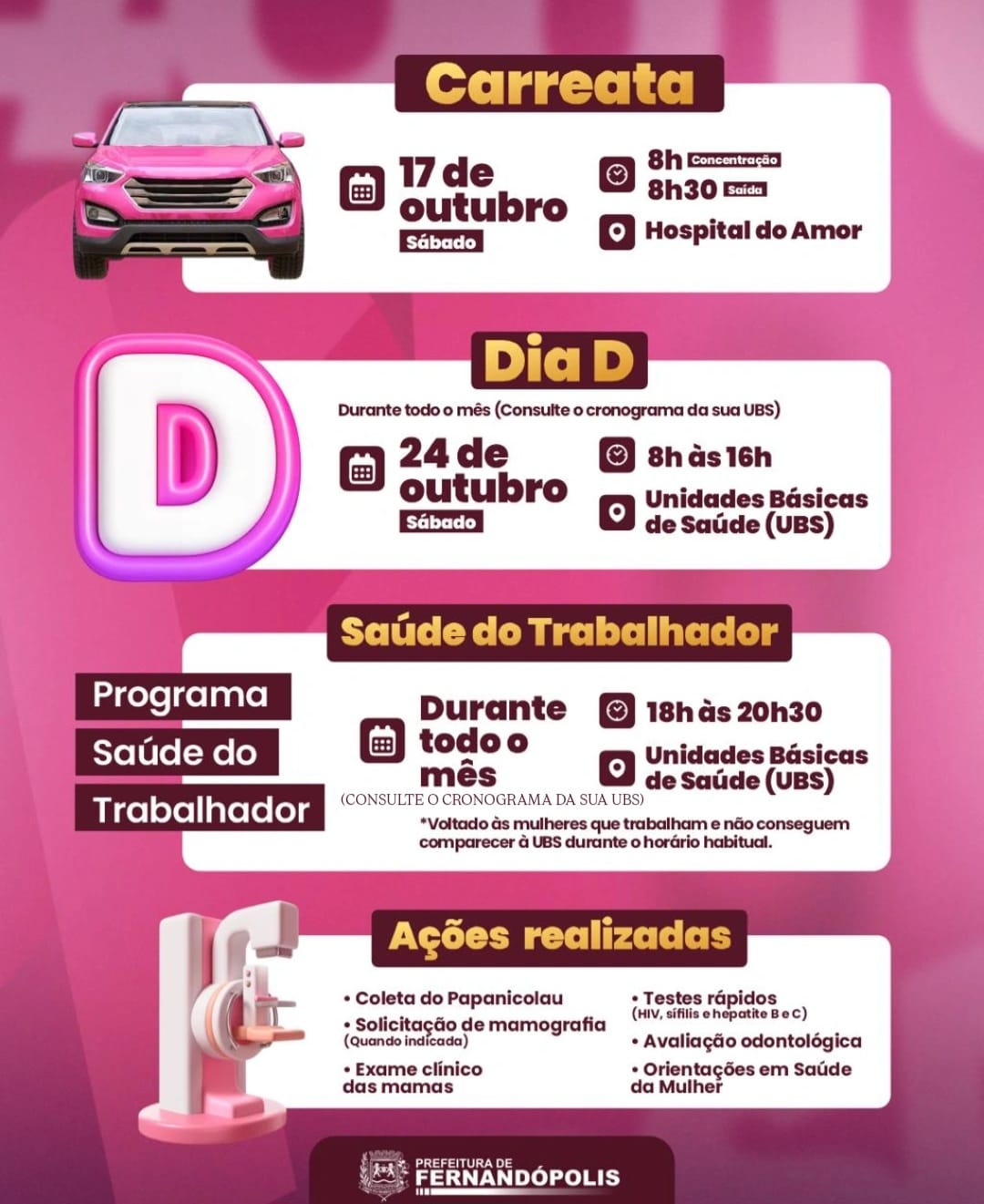 Outubro Rosa: Prefeitura intensifica ações de cuidado com a saúde da mulher