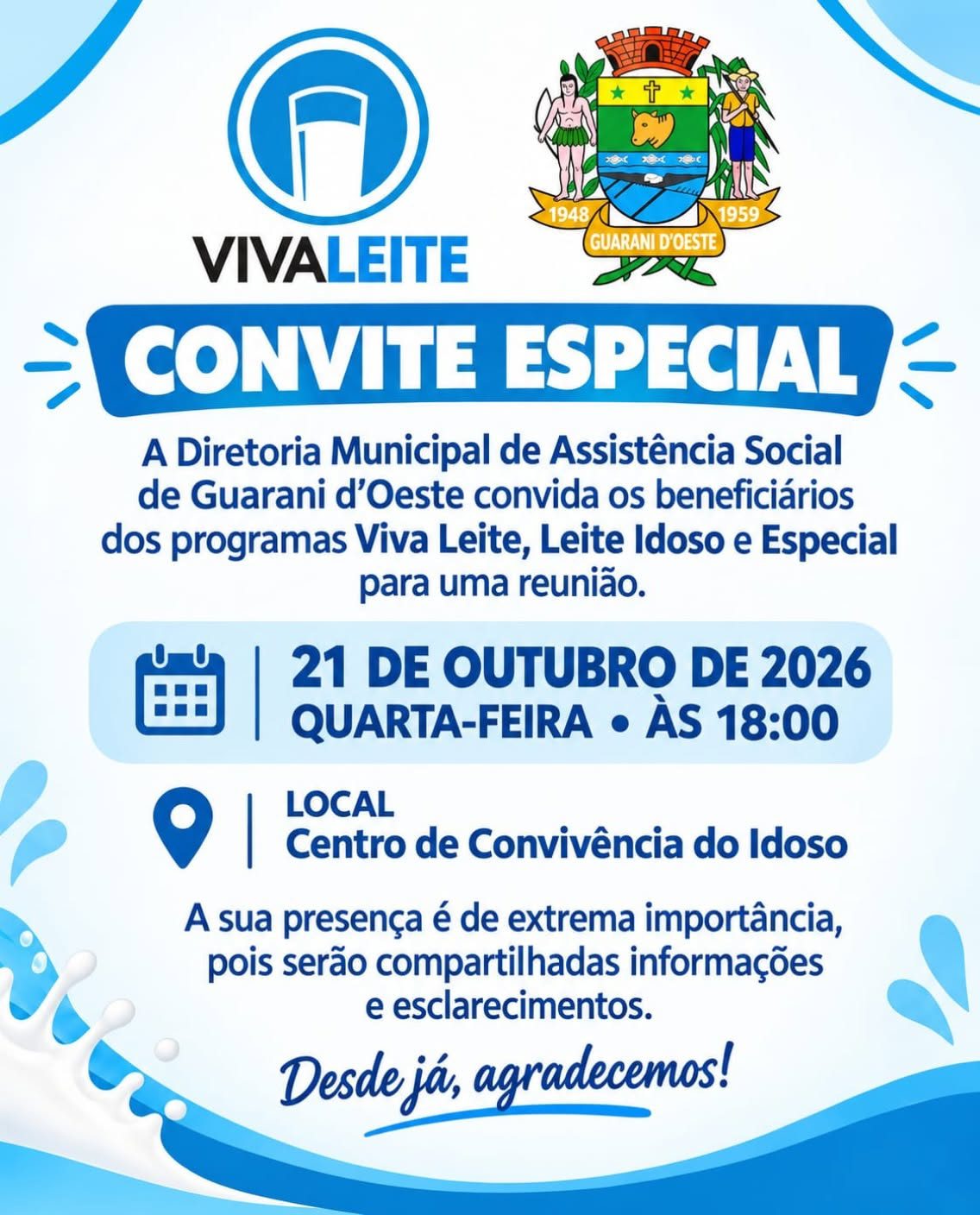 Prefeitura de Guarani d’Oeste convoca beneficiários de programas de distribuição de leite para reunião informativa