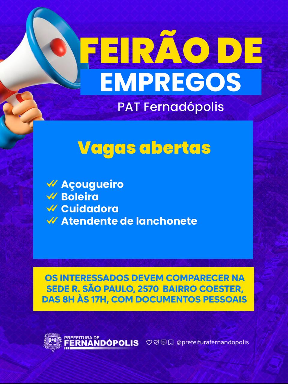 PAT de Fernandópolis oferece vagas de emprego