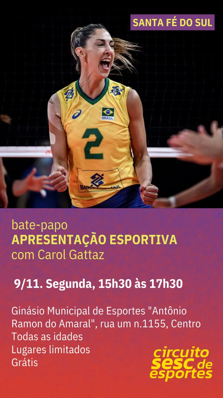 Circuito Sesc de Esportes traz para Santa Fé a atleta Carol Gattaz
